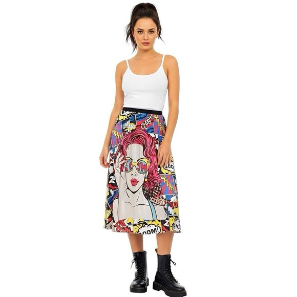 Shein Women’s Skirt Sz Medium Pop Art Grunge Retro Comic High Waist Cartoon - Picture 1 of 14